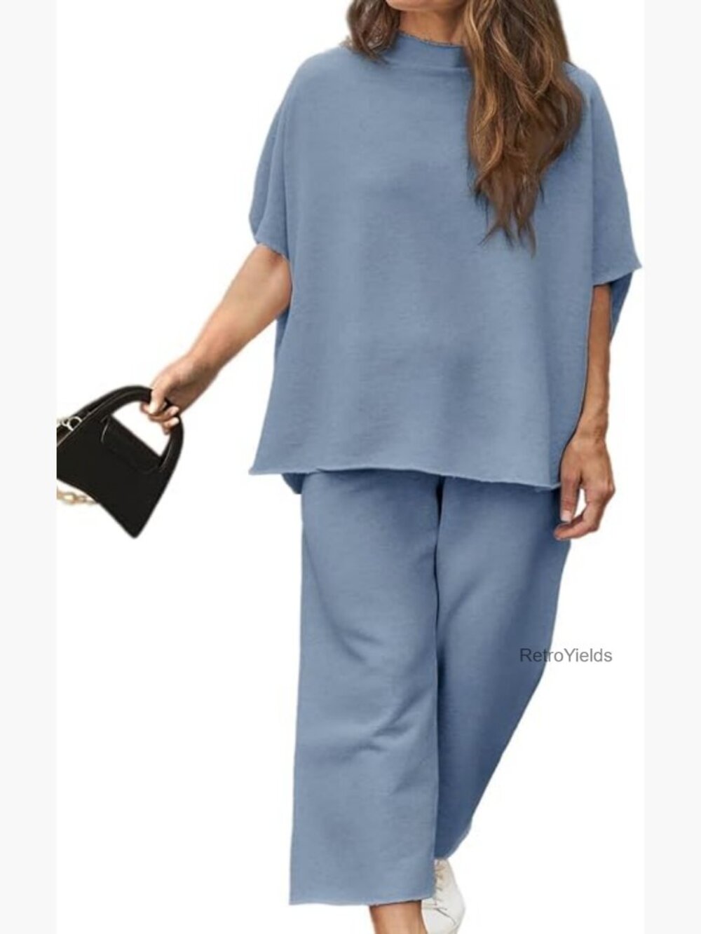 Womens Plus Size 2 Piece Lounge Set 3/4 Batwing Capelet Top Wide Leg Pants
